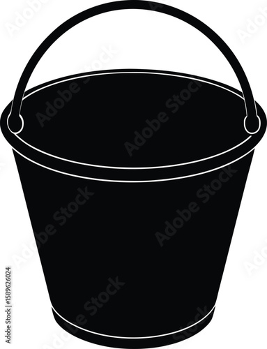 Vector art of a black bucket with a handle is shown for carrying various materials