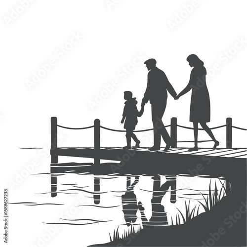 Family Walking on Wooden Pier Over Water Silhouette Vector Illustration
