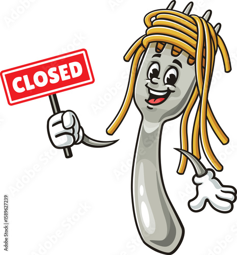 Cartoon character of spaghetti on a fork holding a closed sign