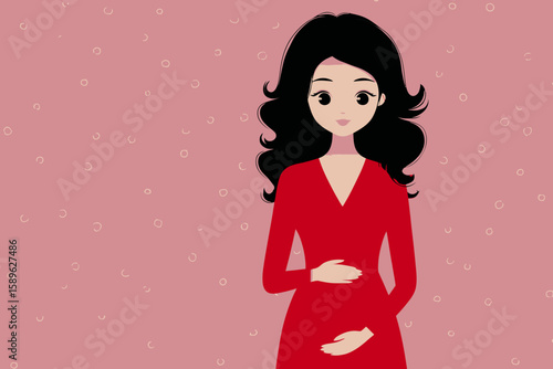 Motherhood Embrace: A tender illustration depicting a pregnant woman in a stylish red dress, softly cradling her baby bump. The illustration evokes a sense of anticipation.