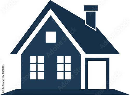 Simple dark blue house icon with windows and chimney isolated on white background