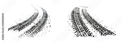 Traces of car, motorcycle tread. Curved realistic traces of tires of wheels from different types of tread vector png. Car wheels on disks.	
