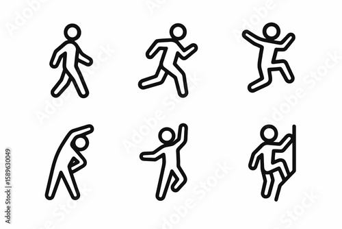 Black vector icons of people moving: running, walking, dancing, stretching, jumping. Flat minimalist icons.