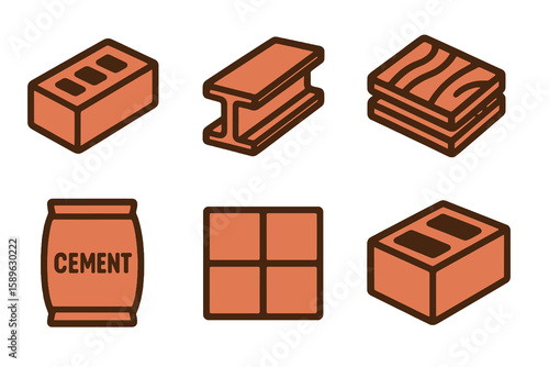 Flat building materials icons: bricks, wood, cement, tiles, beam, concrete. Terracotta tones, transparent background.