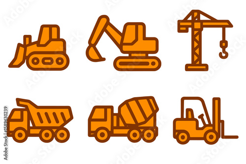 Construction vehicles in flat vector style: excavator, cement truck, forklift, crane. Orange tones, transparent background.