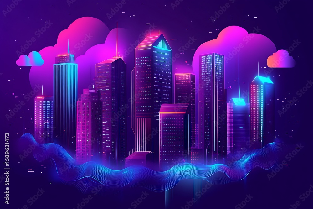 Fototapeta premium Futuristic cityscape with glowing neon lights and clouds, vibrant urban skyline illustration