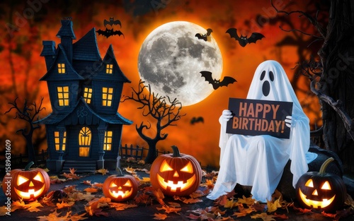 Spooky ghost wishes happy birthday with haunted house and pumpkins