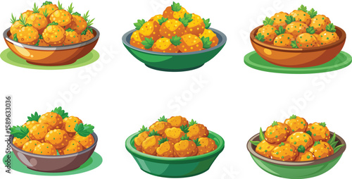 Cartoon illustration of six bowls filled with golden, savory food balls