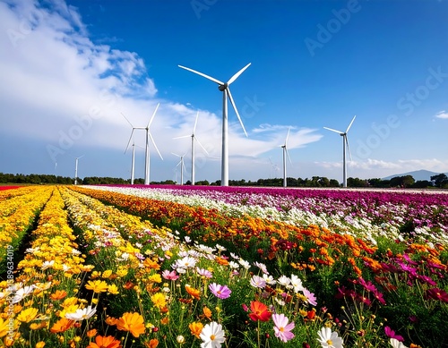 Colorful Flower Field with Wind Turbines under Clear Blue Sky and Bright Cloudscapes