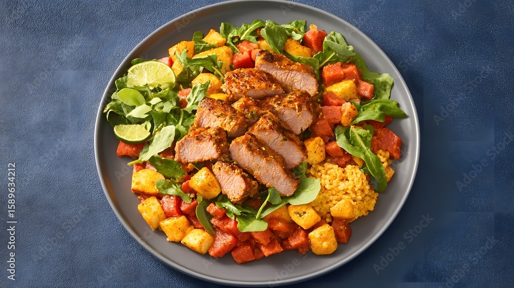 Fototapeta premium Delicious Spiced Pork Tenderloin Salad with Roasted Sweet Potatoes and Quinoa