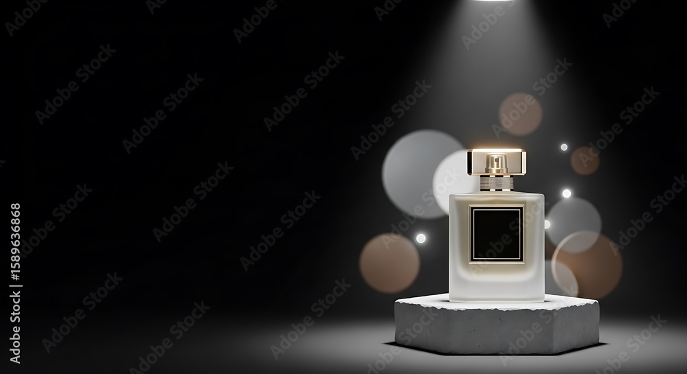 Naklejka premium Perfume Bottle Displayed with Bokeh Lights in a Dark Studio