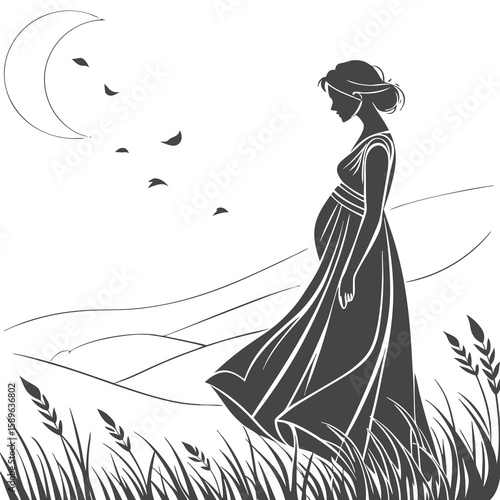 Silhouette of Pregnant Woman in Flowing Dress Walking in Nature at Dusk
