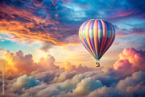 Dreamy Pastel Watercolor Sky with Floating Hot Air Balloon – Whimsical Art
