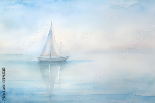 Serene Sailboat on Calm Watercolor Sea in Soft Blues and Whites