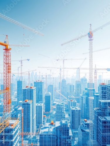 Futuristic skyline dominated by tower cranes rising above a metropolis of gleaming high-rise buildings