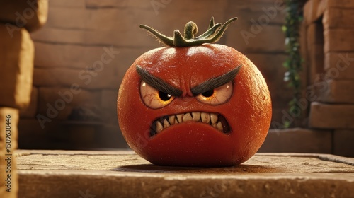 Angry cartoon tomato on a table