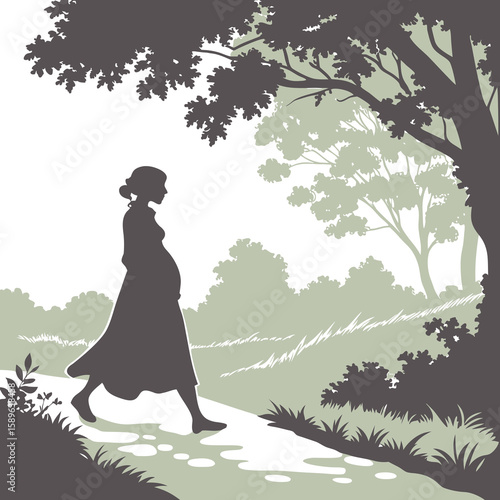 Silhouette of Pregnant Woman Walking in Forest Nature Scene
