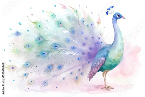 Majestic Peacock Displaying Feathers with Jewel-Tone Watercolor Splashes – Vibrant Art