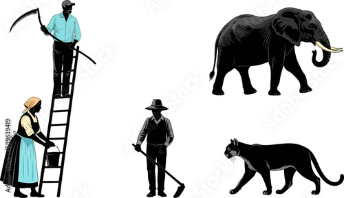 Illustration of farm workers with scythe and hoe next to elephant and panther