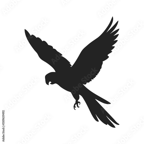 Amazon macaw parrot in flying silhouette logo. Black icon parrot isolated on white background. Vector illustration side view