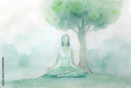 Serene Woman Meditating Under a Tree – Calming Green Watercolor Wash Art