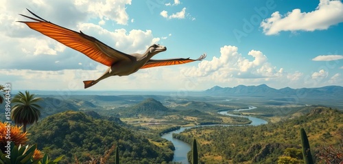Pteranodon soaring over lush Mesozoic valley with river, prehistoric flora & fauna, animals, pterodactyl