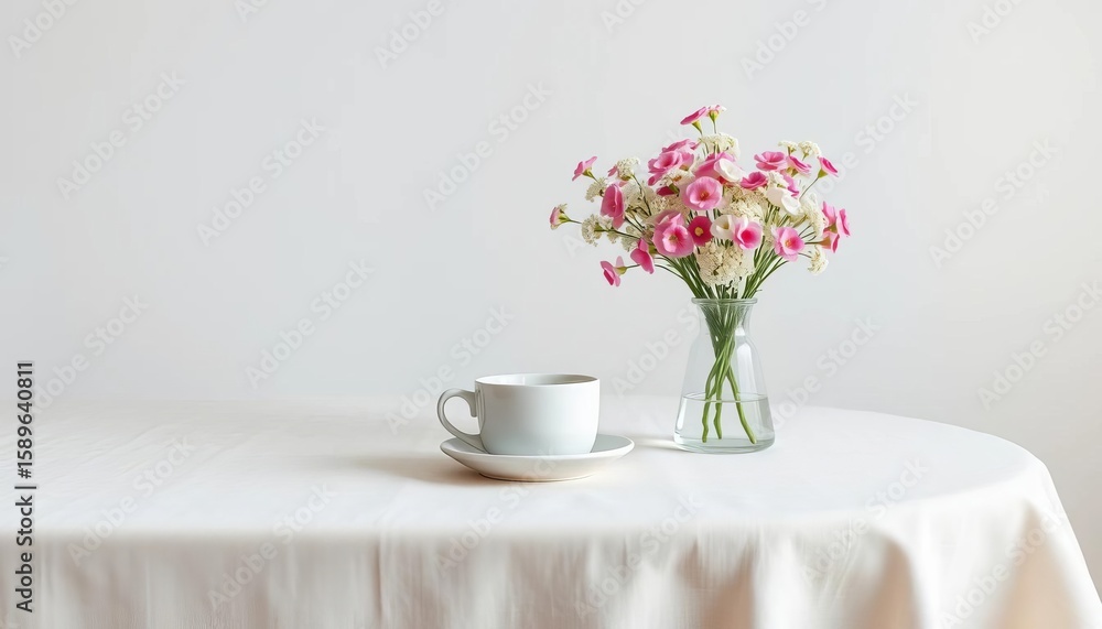 Fototapeta premium Linen tablecloth, coffee cup, gypsophila vase, white wall, Nordic style, minimalist, still life