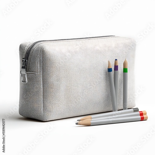 Light gray fabric pouch with colored pencils mockup