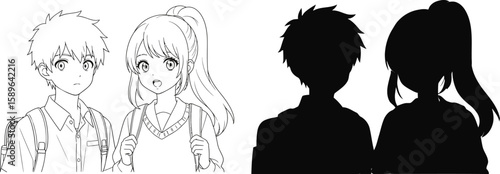 Anime students coloring page kawaii manga characters back to school outline art