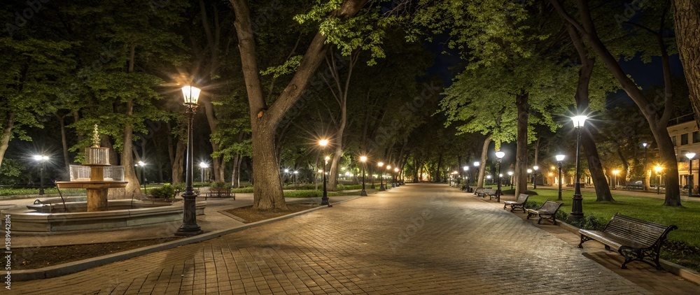 Naklejka premium Night park pathway paved with light brown bricks, flanked by large trees casting shadows. Soft warm streetlamp glow, benches along the path, fountain to the left. Calm and symmetrical scene.