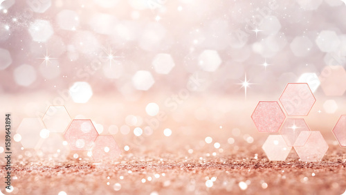 Soft rose gold hexagonal bokeh background glitter