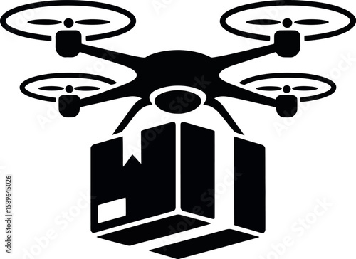 Black silhouette of a quadcopter drone delivering a package delivery cargo