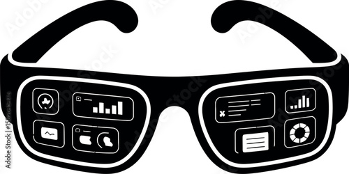 Black graphic of smart glasses displaying data charts and icons augmented reality technology