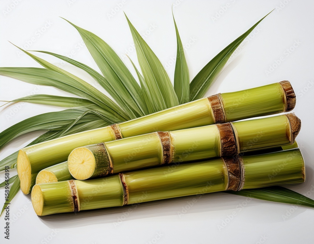 Fototapeta premium clean white background showcases individual sugarcane stalks in a panoramic composition