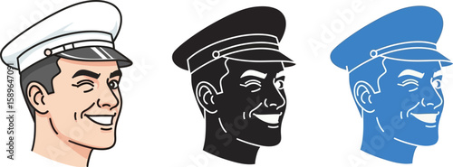 Find vector art of smiling man wearing captain hat in different colors