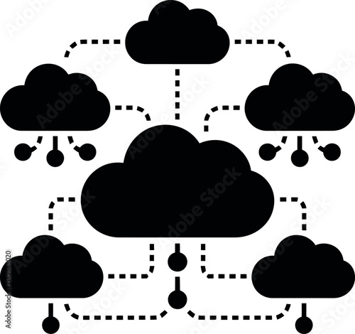 Black cloud computing network diagram with dotted lines data connection