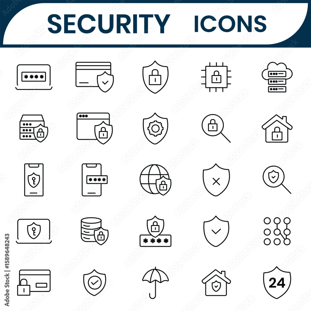 Naklejka premium Security icon vector set. Privacy line icon set. Security, Protection thin line icons set such as password protection, shield, mobile lock, secure server, fingerprint, cybersecurity, data protection.