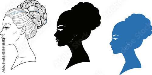 Woman profile vector art illustration with braided hair and bun hairstyle