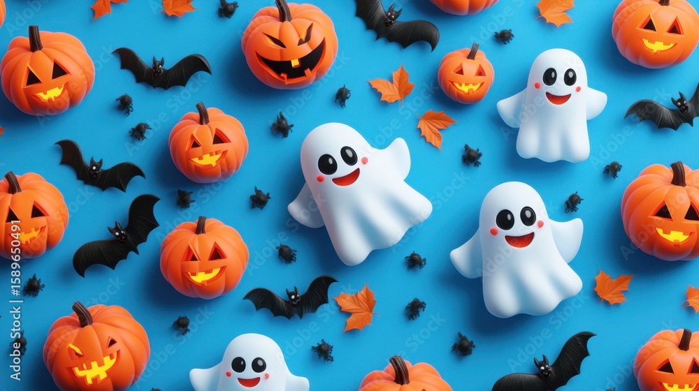 Obraz premium Charming Halloween character pattern with pumpkins, ghosts, and bats on a vibrant blue background