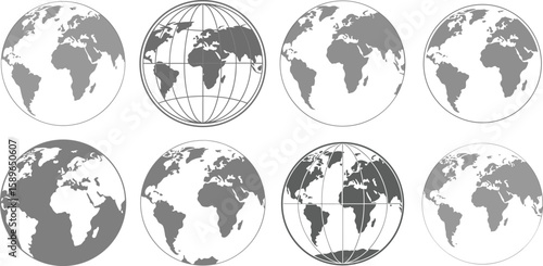 Flat Globe Icons with World Map Projections Vector Illustrations.