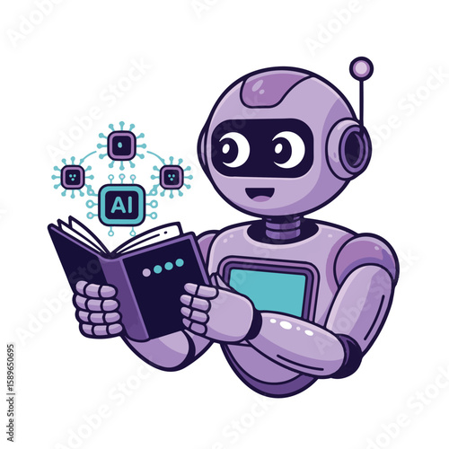 Funny cartoon android robot character with a laptop and phone, illustrating future technology concepts