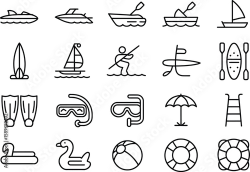 Summer Water Sports Icons Boats, Surfboards, and Beach Gear Line Art Set