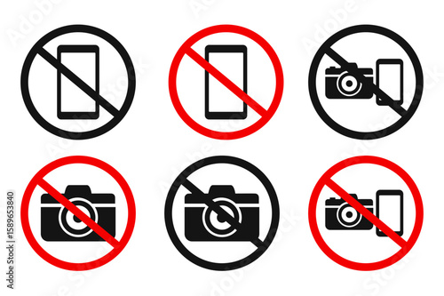 Warning sign, no photos, no phone or camera vector icons. Prohibition on taking photos and videos. No photo allowed or camera prohibited red circle and green allowed round vector icon set isolated