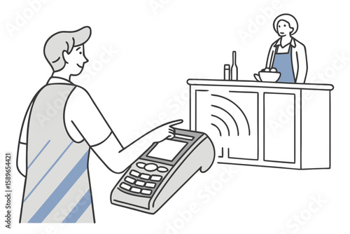 Customer tapping card at bar—simple, effective illustration of NFC usage in flat visual style