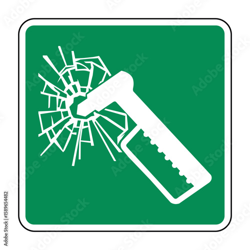 Emergency Hammer Sign – Safety Tool Icon for Glass Break Escape Access, Green and White Vector Plate Featuring Handheld Rescue Device, Isolated on Transparent Background