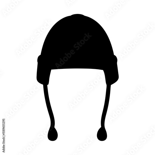 Silhouette of a black winter hat with ear flaps and tassels