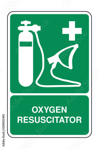 Oxygen Resuscitator Sign with Explanation – Emergency Breathing Apparatus Icon Featuring Tank, Mask, and Medical Cross, Safety Vector Plate