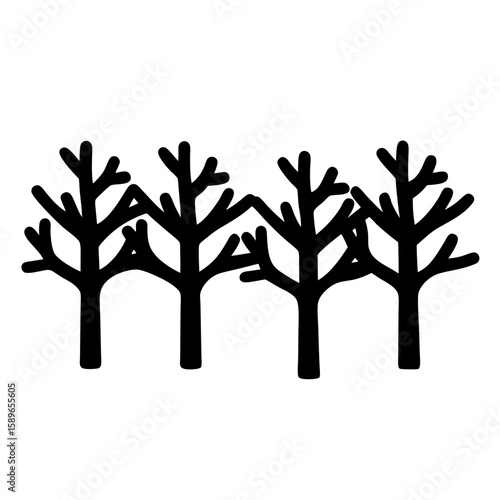 A graphic representation of a group of bare trees in silhouette