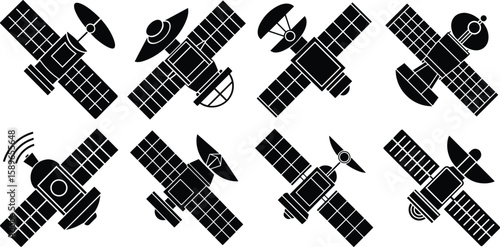 Satellite Icon Set in Black Silhouette Vector Illustration on transparent background