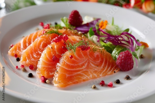 Plate with gravlax, cured salmon, topped with dill and pomegranate seeds, colorful salad with greens, carrots, radishes, raspberries. Concept of gravlax elegance and freshness.